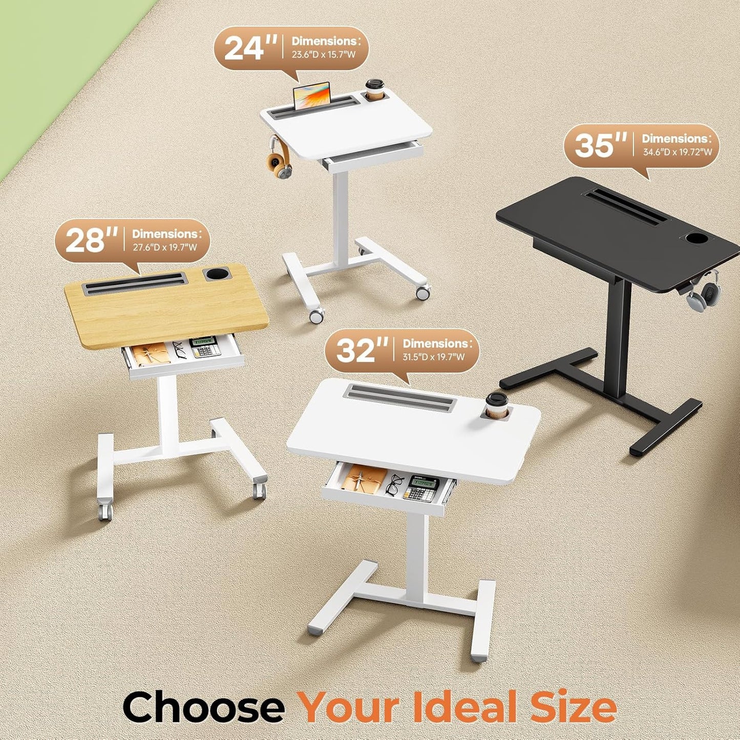 Skiennix Mobile Standing Desk - Height Adjustable Rolling Workstation with Drawer & Cup Holder | 28" Maple Finish