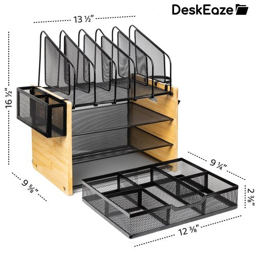 DeskEaze Heavy Duty Wooden Desk Organizer with Drawer - Wooden Desk Shelf for Storage & Organization - Office Tray for Files, Mail, and Supplies - Small Countertop Bookshelf with Letter Holder & Hooks