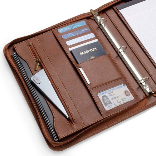 Forevermore Portfolios Portfolio Organizer - 3 Ring Binder with Notepad - 1.5 Inch Rings - Zippered Storage Pockets for Papers, Travel Documents, Presentation Folder, Cards, Passport, Tickets - Brown