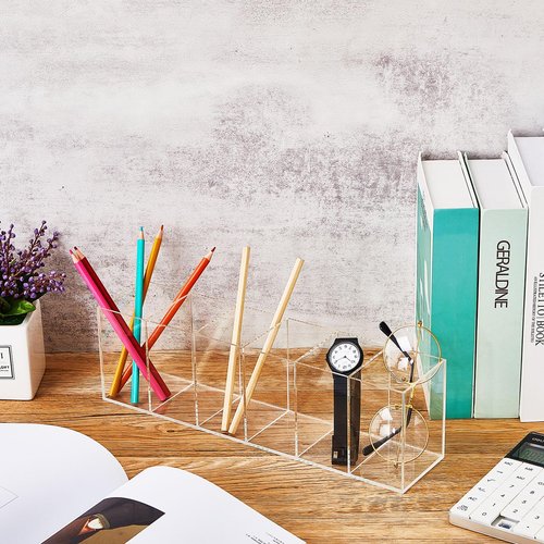 2 Pack Acrylic Makeup Brush Holder 6 Compartments Pencil Organizer Cup Pencil Holder for Desk Pen Organizer Storage Pen Holder for Accessories Cosmetic Brushes Office Bathroom Kitchen Supplies (Clear)