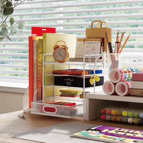 HUHOLE 5 Tier Desk Organizer with File Holder, White Mesh Paper Letter Tray Organizer with File Clip, USB Clip, Wire Desk Accessories & Workspace Organizers for Office Supplies or School Supplies