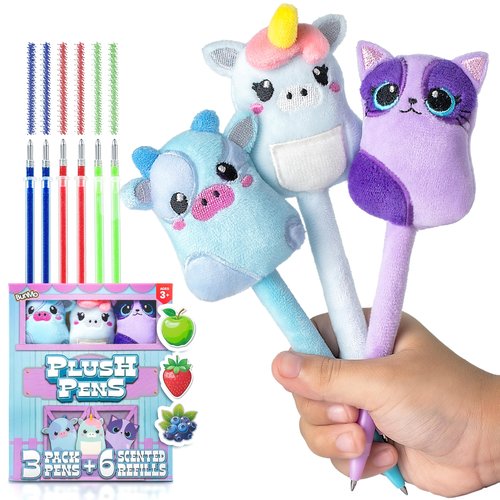 BUNMO Cute Pens - Cute Fun Pens w/Soft Grip & 6 Refills - Gifts for Tweens - Fun Writing for Kids - Gift for Teens - Squishies for Kids - Plush 3 Pack