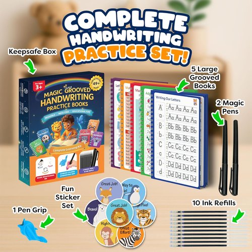 Magic Grooved Writing Practice Set for Kids - 5 Erasable Books for Alphabet, Drawing & Math | Includes 2 Magic Pens & 10 Refills