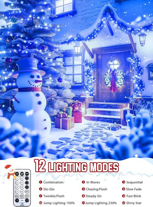 Minetom 1000 LED Cluster Christmas Tree Lights - 50 Ft Waterproof String with Timer & Remote | Blue & Cool White