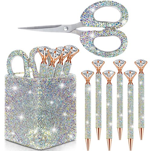 Qilery 8 Pcs Bling Desk Accessories Gift with 1 Bling Pen Holder 6 Pcs Crystal Rhinestone Pens 1 Crystal Scissors Glitter Makeup Brush Holder Vanity Decor Organizer(Multicolor)