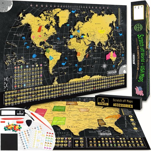 OVANTO Scratch Off World Map - 17x24” USA Map Wall Art with 196 Flags & Gold Foil | Perfect Gift for Travelers
