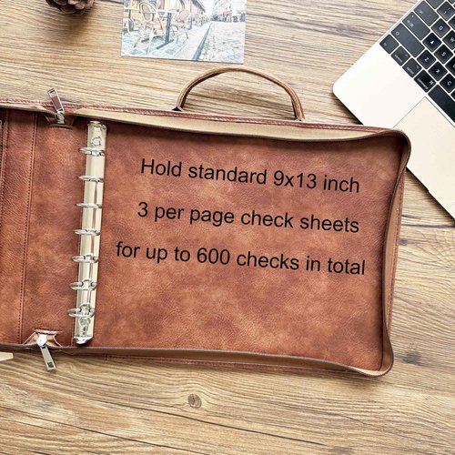 Gvalant 7 Ring Check Binder Vegan Leather Portfolio for 3-Up Business Size Checks, with Handle and Zippered Briefcase with 500 Check Capacity，9 x 13 inch Sheets