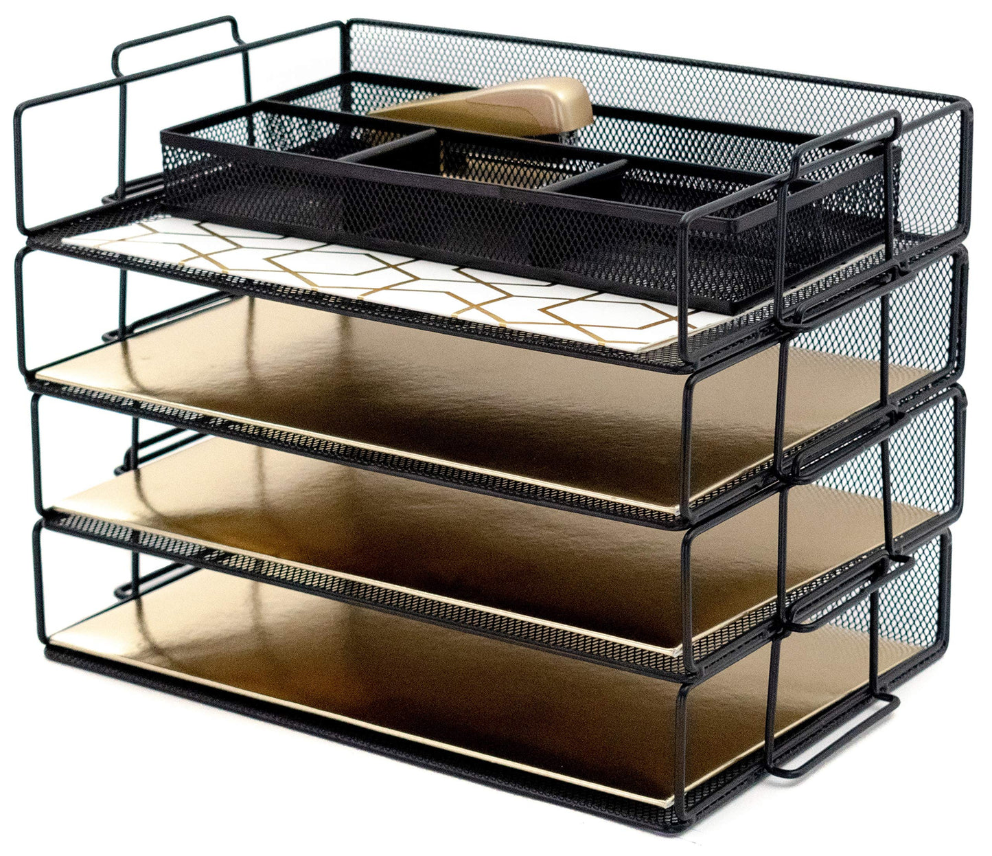 BLU MONACO 4-Tier Stackable Paper Tray for Desk Organization | Black Metal Mesh Letter File Holder | Tiered Desk Organizer for Office Workspace Document Storage 14.8 x 13 x 10.9 in
