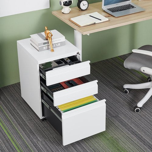 AnoYishev 3 Drawer Mobile File Cabinet Under Desk Office, with Lock, Fully Assembled Except Casters, Under Desk Metal Filing Cabinets, Legal/Letter/A4 File (White)
