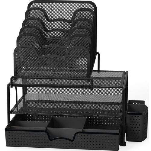 Simple Houseware Mesh Desk Organizer with Sliding Drawer, Double Tray and 5 Stacking Sorter Sections, Black