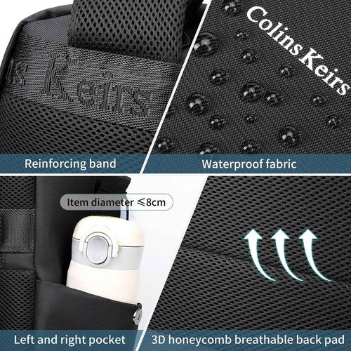 Colins Keirs 17 inch laptop backpack for men, business travel computer backpack with USB charging port and headphone jack, college school bookbag, black, large, 25 L