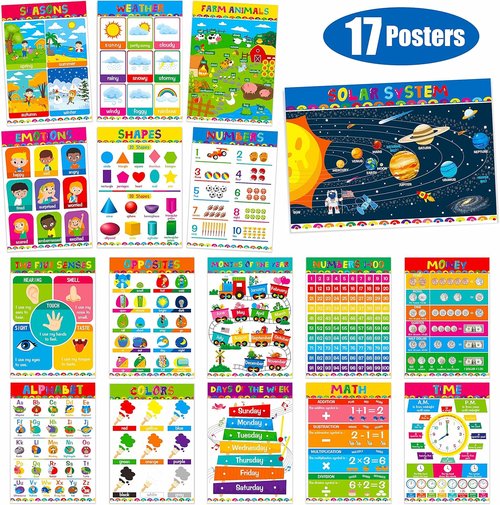 Gethelud Educational Posters - 17 Pack of Durable Learning Tools for Preschool & Kindergarten Kids