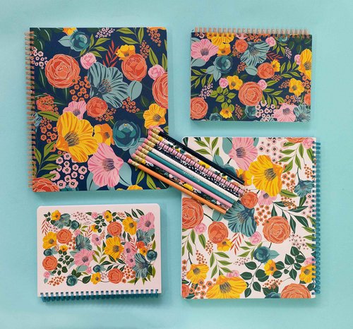 Steel Mill & Co Cute Large Spiral Notebook with Durable Hardcover and 160 Lined Pages Bundle with Mini Spiral Notebook with Durable Hardcover and 160 Lined Pages, Garden Blooms Cream