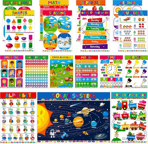 Gethelud Educational Posters - 17 Pack of Durable Learning Tools for Preschool & Kindergarten Kids