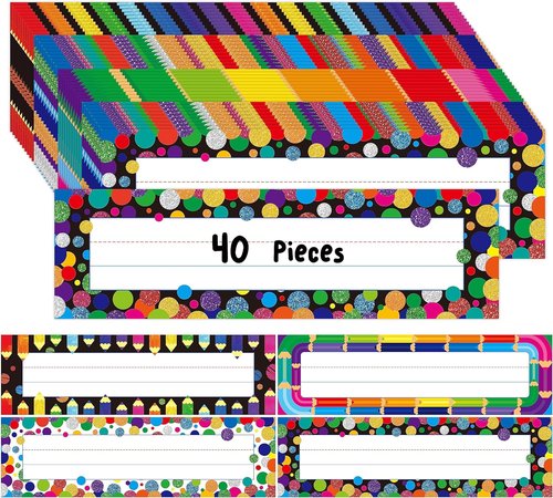Skiennix 40PCS Desk Nameplates - Double-Sided Erasable & Reusable Tags | Colorful Classroom Decor (10” x 2.8”)