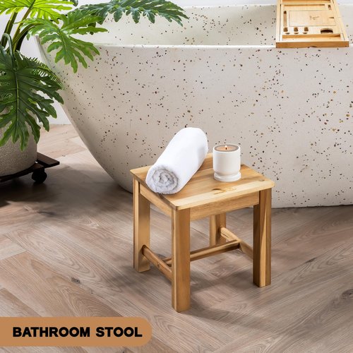 VICTORY RELAX 12 Inch Wooden Step Stool, Small Nature Beach Chair Under Desk, Indoor Acacia Wood Short Footstool for Living Room, Kitchen, Bathroom