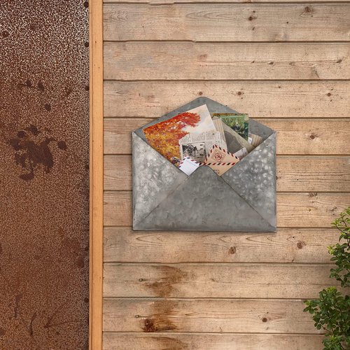 SOFFEE DESIGN Galvanized Mail Organizer - Wall Mount Metal Mail Holder - Envelope Shape Mail Holder for Wall - Paper Letter Magazine Storage - Home and Office Wall Decor - Hanging Letter Basket