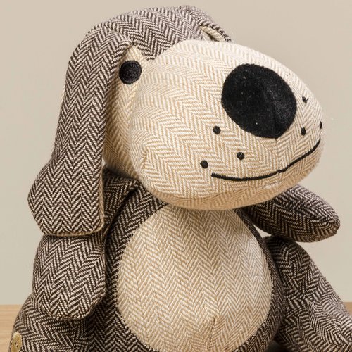 Weighted Puppy Dog Door Stopper, Floppy Ears, Brown and Tan, Tweed Fabric, Woven Polyester Exterior, Polyester and Sand Filling, 9 Inches Tall, 2.2 lbs, EN71 Te