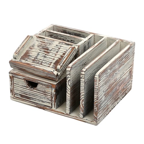 MyGift Rustic Torched Wood Desktop Organizer with Drawer, Mail Sorter, Sticky Note Pad Holder, Wooden Desk Storage Caddy for Office/Home