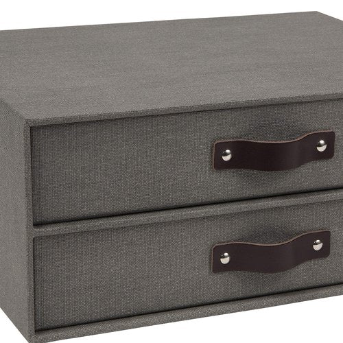 Bigso Birger 2-Drawer Canvas Fiberboard Easy Pull Handle Document Letter Box | Desktop Drawers for Loose Papers and Documents | Desktop Storage Drawers with Leather Handles | 13.1” x 10” x 5.7” | Grey