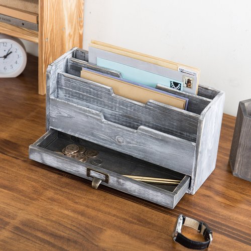 MyGift 3 Slot Rustic Dark Gray Wood Office Desk File Organizer Holder, Desktop Mail Letter Sorter Tray Document Holder with Pull-Out Storage Drawer