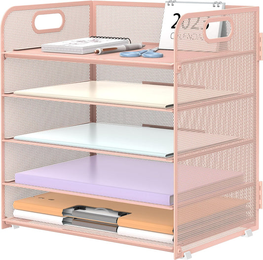 Supeasy Paper Organizer - 5-Tray Letter Tray with Handle | Mesh Desk File Holder in Pink