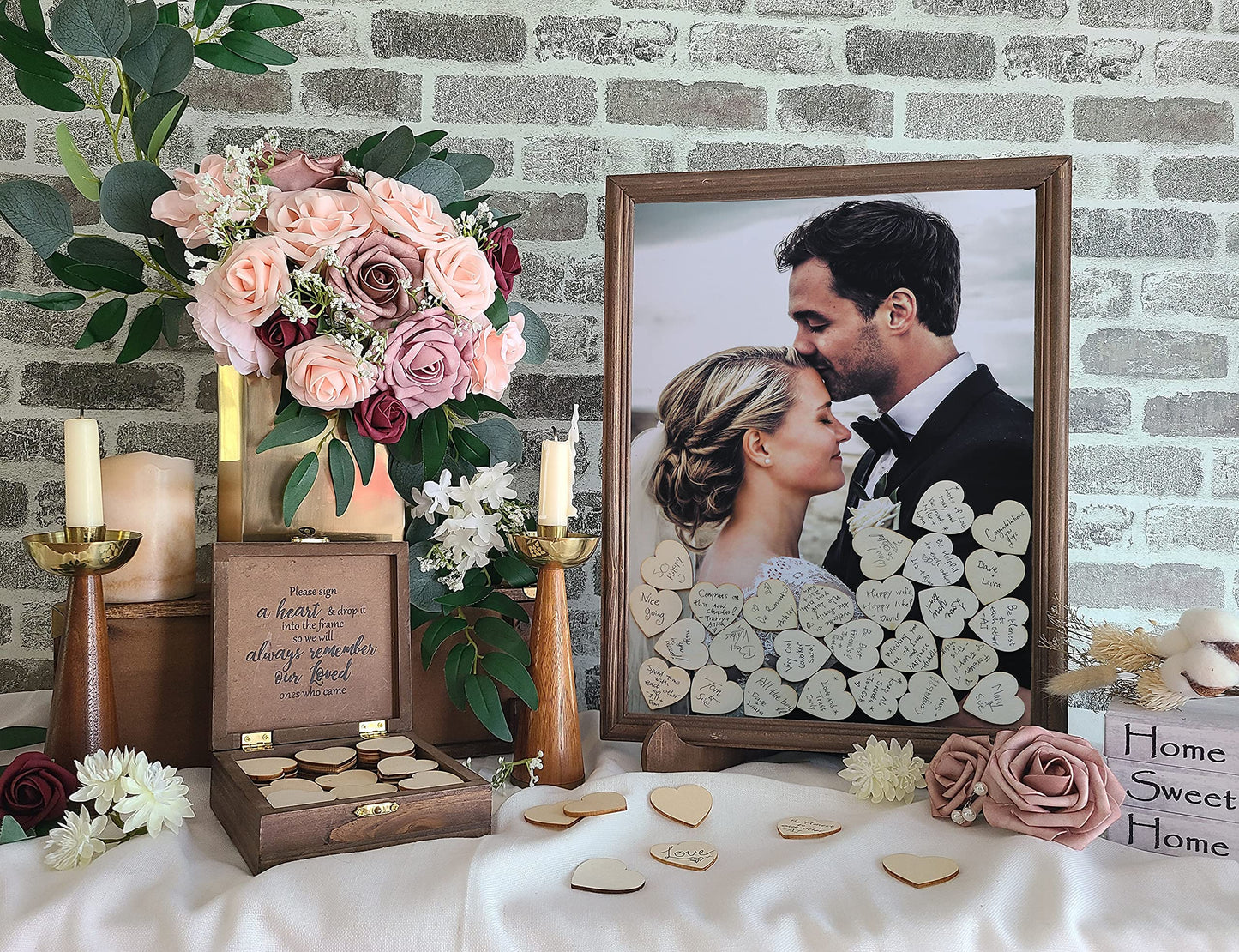 PMPX Wedding Guest Book Alternative Barn Wood Drop Top Frame with Stand, 90 Wood Hearts, Matching Box with Message Inside The Lid. Weddings, Bridal or Baby Shower, Anniversary, or Special Event.