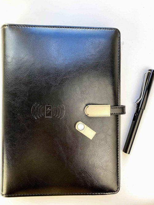 VoltTok Gift Set Executive Smart Notebook, Qi Wireless Charger 8000 mAh, Magnetic Flash Drive 16GB USB and Metal Pen (Black)