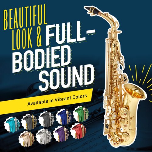 Mendini By Cecilio Alto Saxophone for Beginners, E Flat Tenor Saxophone for Students Musicians with Tuner, Mouthpiece, Case, 10 Reeds, Grease, Cleaning Cloth & Rod, Gloves, Strap, Book (Black Gold)