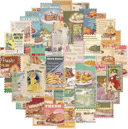 Prstincol Scrapbooking Stickers - 100 Vintage Food & Retro Poster Stickers for Journaling | Ideal for Water Bottles & Laptops