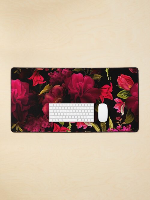 Dark Red Roses Botanical Mouse Pad | Lush Baroque Night Garden Design