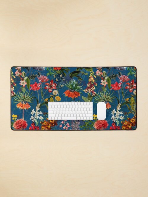Botanical Night Garden Mouse Pad | Vintage Blue Springflower Design