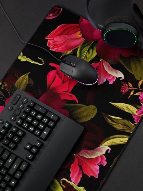 Dark Red Roses Botanical Mouse Pad | Lush Baroque Night Garden Design