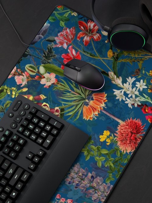 Botanical Night Garden Mouse Pad | Vintage Blue Springflower Design