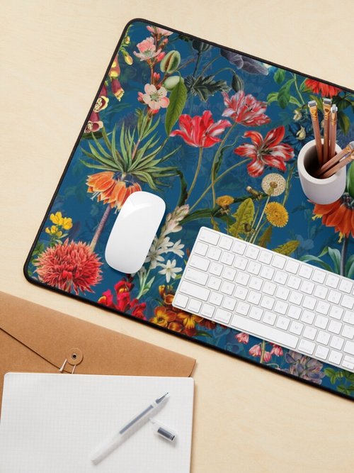 Botanical Night Garden Mouse Pad | Vintage Blue Springflower Design