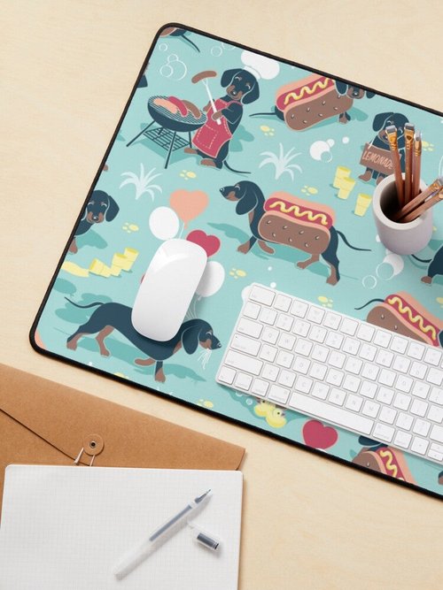 Aqua Green Dachshund Mouse Pad | Hot Dogs & Lemonade Design | Stylish & Fun
