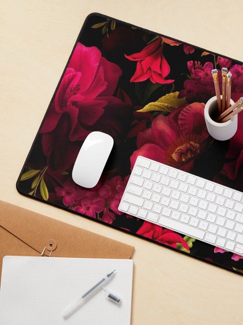 Dark Red Roses Botanical Mouse Pad | Lush Baroque Night Garden Design