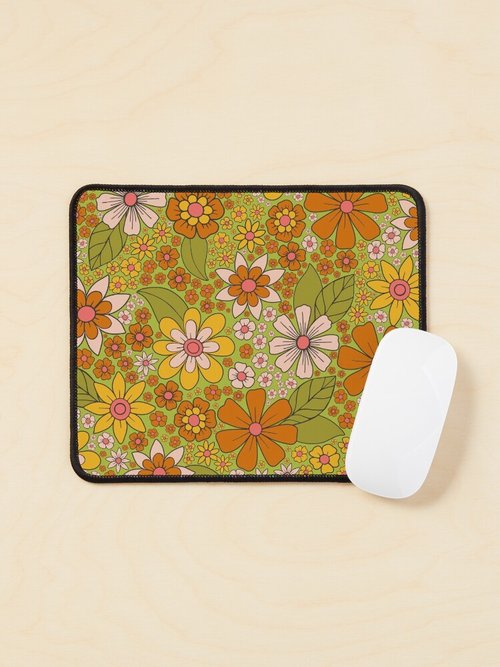 Retro Floral Mouse Pad | 1960s-1970s Design in Green, Pink & Orange
