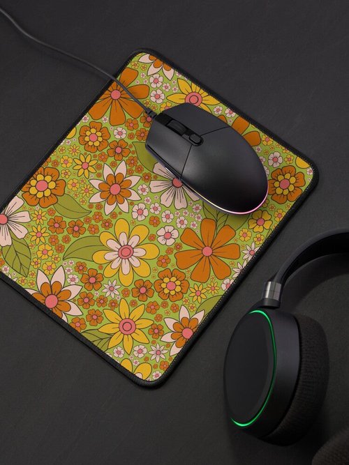 Retro Floral Mouse Pad | 1960s-1970s Design in Green, Pink & Orange