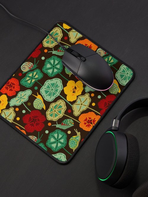 Nasturtiums & Snails | Brown Mouse Pad | Eco-Friendly Design