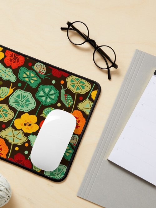 Nasturtiums & Snails | Brown Mouse Pad | Eco-Friendly Design