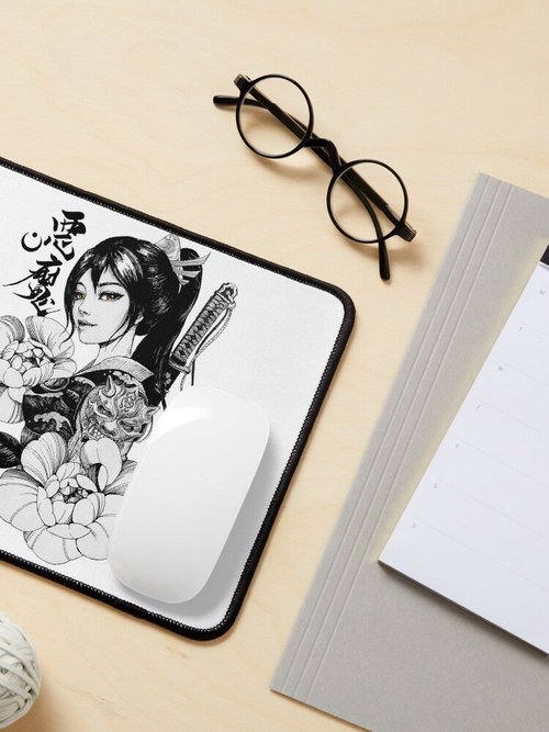Geisha Samurai Flowers Mouse Pad | Japanese Art | Stylish Desk Accessory