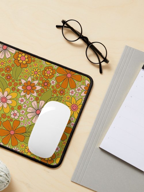 Retro Floral Mouse Pad | 1960s-1970s Design in Green, Pink & Orange